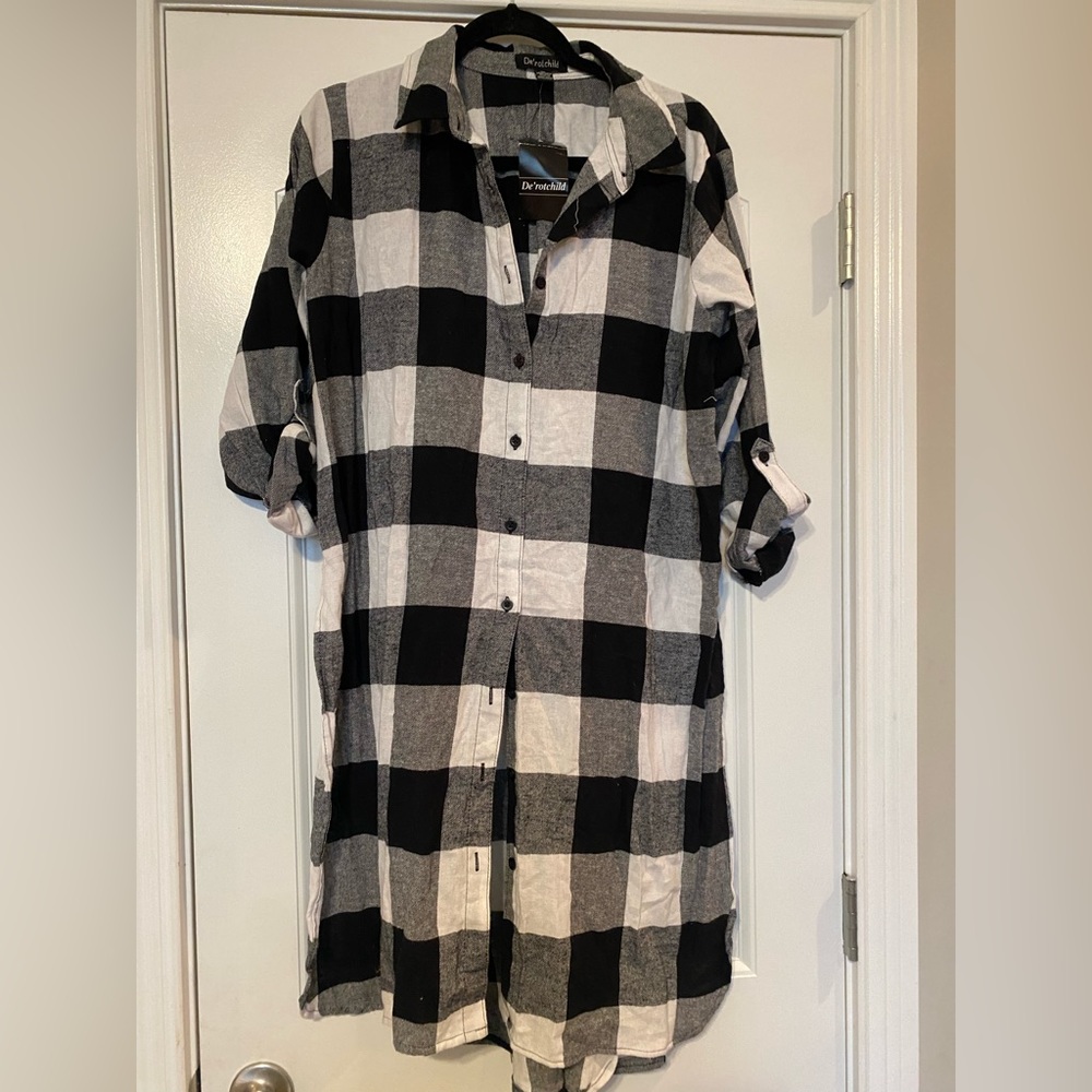 De'rotchild Black & White Plaid Flannel Long Sleeve Button Down Shacket Dress XL